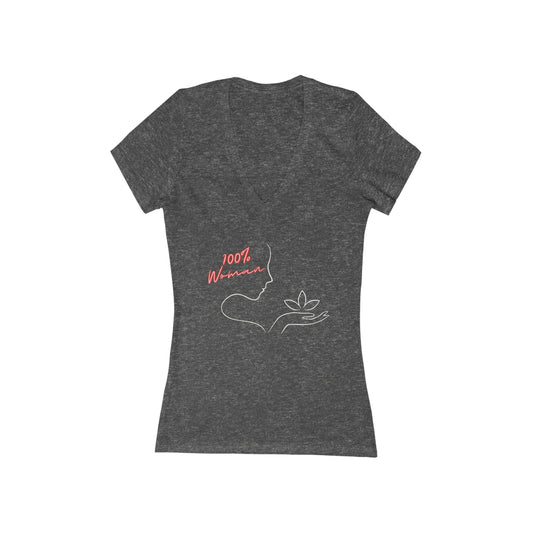 "100% Women" Jersey Short Sleeve Deep V-Neck Tee